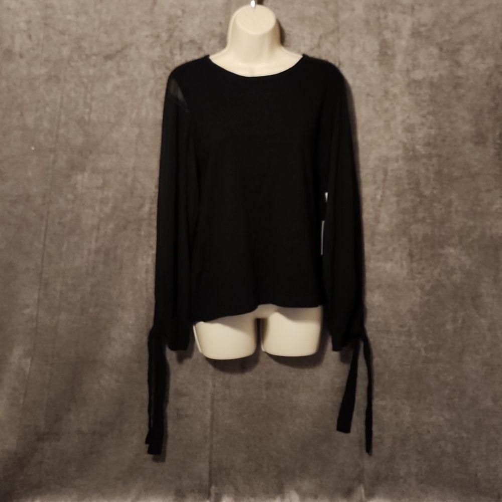 CeCe Cotton Chiffon-Sleeve Mixed-Media Sweater